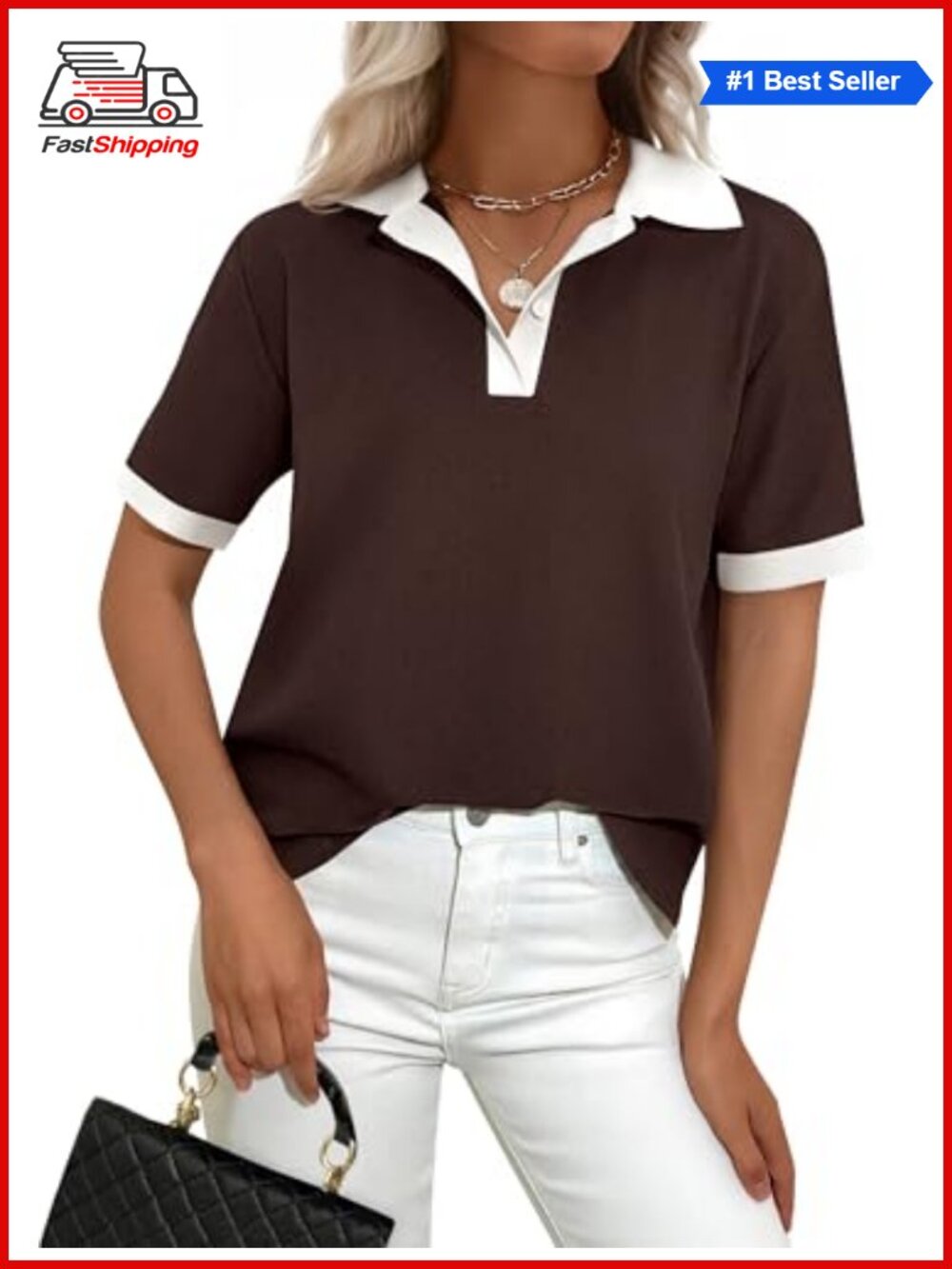 ✨ Essentials Women's Short Sleeve Collared Polo Shirt Button Down V-Neck Color